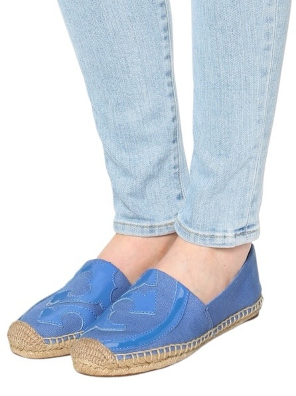 Tory Burch Lonnie Chambray Blue & Patent Leather Logo Flat Espadrilles - 7.5